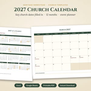 May include: A 2027 church calendar template featuring a 12-month event planner. The document displays a yearly overview titled 2027 At A Glance and a detailed monthly view for March 2027 with dark green headers and cream-colored grid cells.