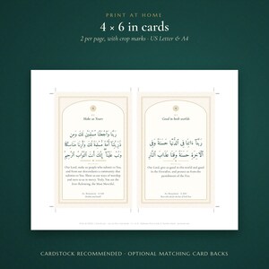 May include: A digital printable file featuring two 4 x 6 inch cards on a single page with crop marks. Each card displays Arabic calligraphy, English translations, and Quranic references. The design includes a decorative border and gold accents.