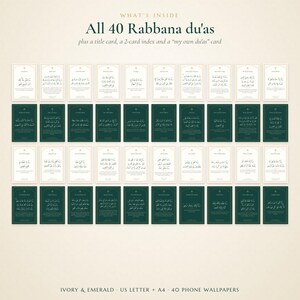 May include: A collection of 40 rectangular cards featuring Rabbana du'as, arranged in four rows. The cards alternate between ivory and emerald green backgrounds, each displaying Arabic text and English translations in a clean, centered layout.