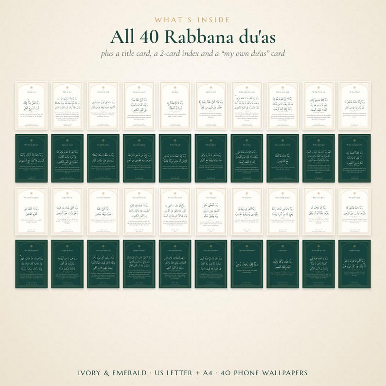 May include: A collection of 40 rectangular cards featuring Rabbana du'as, arranged in four rows. The cards alternate between ivory and emerald green backgrounds, each displaying Arabic text and English translations in a clean, centered layout.
