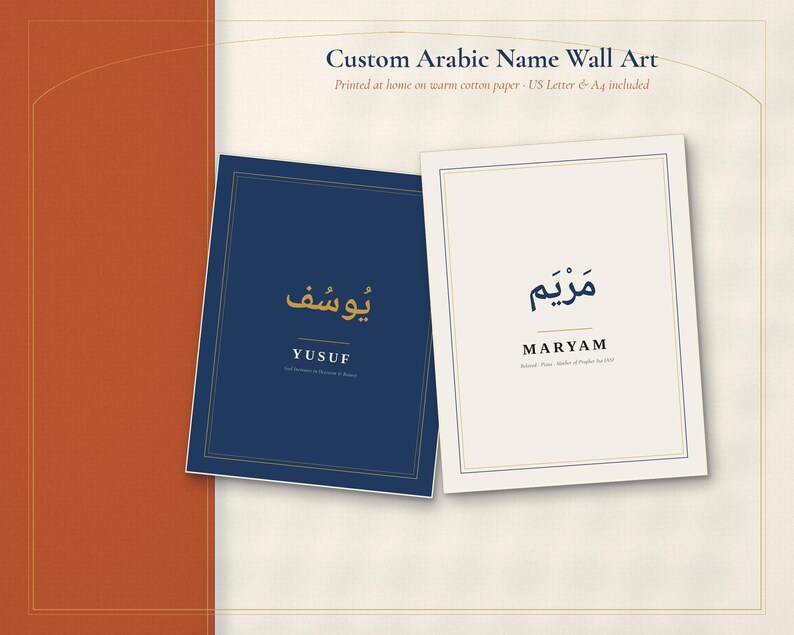 Custom Arabic Name Wall Art Printable, Personalized Name Meaning and Vocalized Calligraphy Print in Multan Blue and Warm Bone image 2