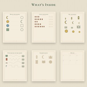 May include: Six educational activity sheets on a cream background with the title WHAT'S INSIDE. The pages feature tasks like Match the Shapes, Count the Dates, Big and Small, Find the Way to the Masjid, Shadow Match, and My Day with icons.