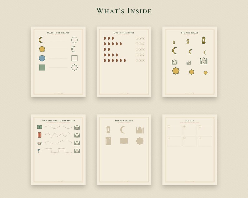 May include: Six educational activity sheets on a cream background with the title WHAT'S INSIDE. The pages feature tasks like Match the Shapes, Count the Dates, Big and Small, Find the Way to the Masjid, Shadow Match, and My Day with icons.