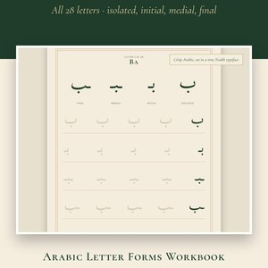 Puede incluir: Una p&aacute;gina de libro de ejercicios titulada Why Arabic Letters Change Shape, con una cuadr&iacute;cula de la letra &aacute;rabe Ba en sus formas final, medial, inicial y aislada. El documento est&aacute; impreso en tinta verde oscuro sobre fondo crema.