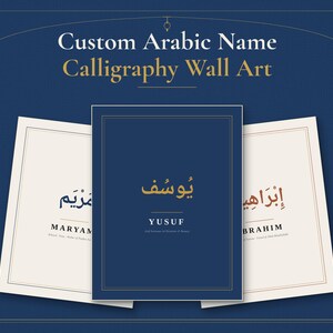 Custom Arabic Name Wall Art Printable, Personalized Name Meaning and Vocalized Calligraphy Print in Multan Blue and Warm Bone image 1