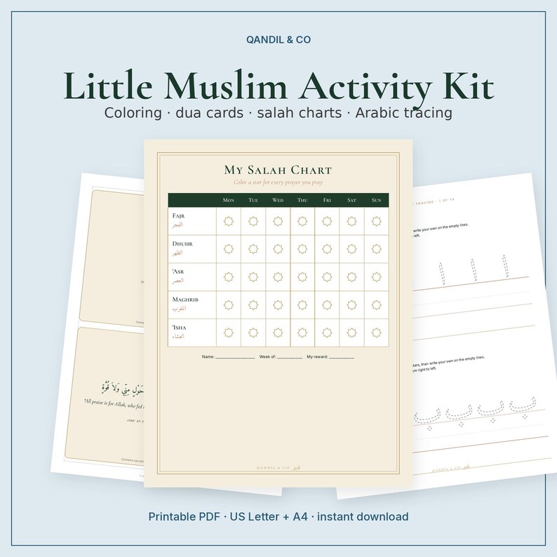 Pode incluir: Kit de atividades Little Muslim da Qandil & Co com p&aacute;ginas imprim&iacute;veis para colorir, cart&otilde;es de dua, tabelas de salah e escrita &aacute;rabe. A p&aacute;gina central &eacute; uma tabela de ora&ccedil;&atilde;o com os dias da semana e cinco ora&ccedil;&otilde;es di&aacute;rias.