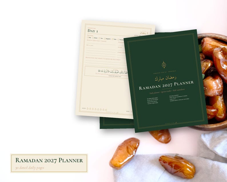 Ramadan 2027 Planner Printable, 30 Dated Daily Pages, Quran Tracker and Kids Countdown image 1