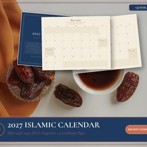 2027 Islamic Calendar Printable | Hijri 1448-1449 and Gregorian Wall Calendar, Ramadan & Eid Dates Muslim Family Planner PDF