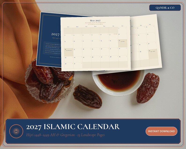 2027 Islamic Calendar Printable | Hijri 1448-1449 and Gregorian Wall Calendar, Ramadan & Eid Dates Muslim Family Planner PDF image 1