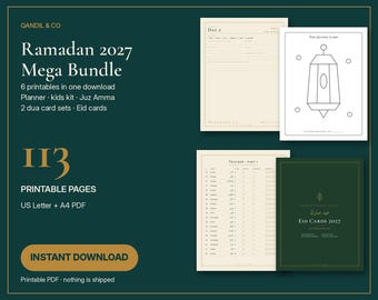 Paquete de Ramadán 2027 para familias musulmanas: 6 imprimibles, planificador, kit para niños, tarjetas de súplicas (Dua Cards), PDF