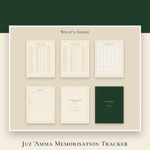 Puede incluir: Un conjunto de seguimiento de memorizaci&oacute;n Juz 'Amma con seis p&aacute;ginas imprimibles sobre un fondo beige. Las p&aacute;ginas incluyen tablas de progreso, un registro semanal y una portada con el texto Juz 'Amma en ingl&eacute;s y &aacute;rabe.