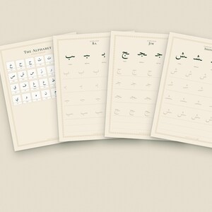 Op de afbeelding: Vier gebroken witte educatieve werkbladen met Arabisch schrift. E&eacute;n blad toont het volledige alfabet, terwijl de andere oefenrijen bieden voor de letters Ba, Jim en Shin, met donkere tekst en vage lijnen om over te trekken.