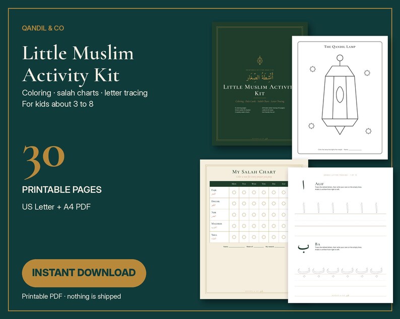 Páginas de atividades para crianças durante o Ramadã (3 a 8 anos): desenhos para colorir, traçado de letras árabes, cartões com súplicas (Dua), PDF imagem 1