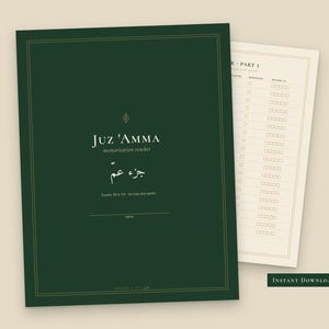 Puede incluir: Un folleto de seguimiento de memorizaci&oacute;n Juz 'Amma de color verde oscuro con bordes dorados y texto blanco que dice Juz 'Amma memorisation tracker, escritura &aacute;rabe y Surahs 78 a 114. Se ve una p&aacute;gina interior crema con una lista.