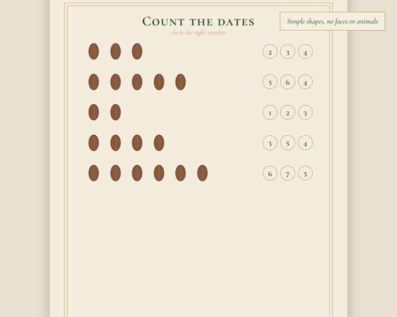 May include: A beige educational worksheet titled Count the Dates with the subtitle circle the right number. It features five rows of brown oval shapes to count, with corresponding rows of three numbered circles to select the correct total.