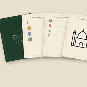May include: A dark green activity book titled My Little Busy Book with Arabic text, alongside three cream-colored activity sheets featuring shape matching, line tracing, and a black outline drawing of a masjid to color in.
