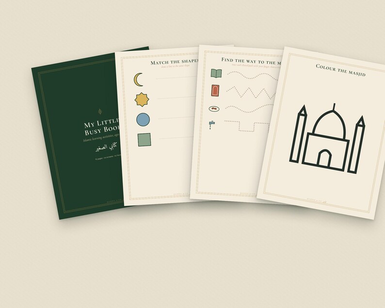 May include: A dark green activity book titled My Little Busy Book with Arabic text, alongside three cream-colored activity sheets featuring shape matching, line tracing, and a black outline drawing of a masjid to color in.