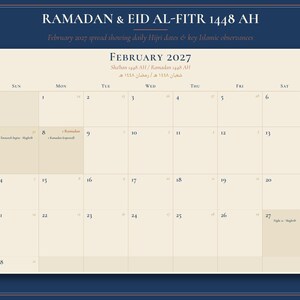 2027 Islamic Calendar Printable | Hijri 1448-1449 and Gregorian Wall Calendar, Ramadan & Eid Dates Muslim Family Planner PDF image 3
