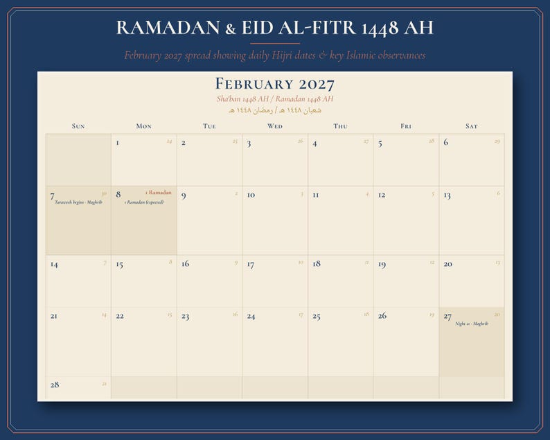 2027 Islamic Calendar Printable | Hijri 1448-1449 and Gregorian Wall Calendar, Ramadan & Eid Dates Muslim Family Planner PDF image 3