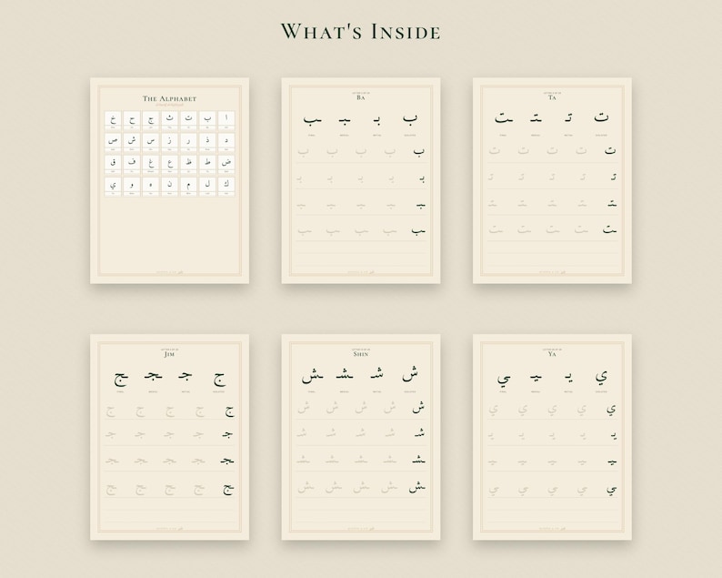 Op de afbeelding: Zes educatieve werkbladen op een beige achtergrond met de kop What's Inside. De pagina's bevatten Arabische alfabetkaarten en oefenrasters voor letters zoals Ba, Ta, Jim, Shin en Ya, weergegeven in donkergroene tekst.