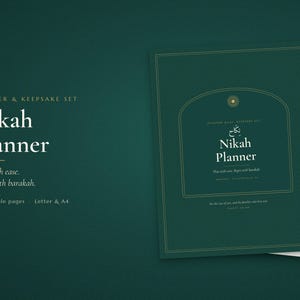 May include: A dark green Nikah Planner and keepsake set featuring gold-toned text and an arched border design. The cover displays the title Nikah Planner with Arabic calligraphy, while additional pages are visible underneath the main document.