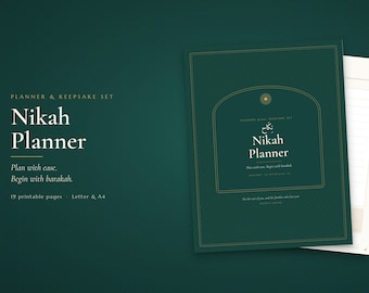 Puede incluir: Un conjunto de planificador y recuerdos Nikah en color verde oscuro con texto en tono dorado y un diseño de borde arqueado. La portada muestra el título Nikah Planner con caligrafía árabe y páginas adicionales visibles debajo.