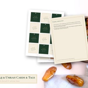 Pode incluir: Um conjunto de etiquetas e cartões imprimíveis para Hajj e Umrah nas cores verde-escuro e creme. As etiquetas apresentam o texto Hajj Mabrook. Uma folha de instruções intitulada Using Your Set fornece orientações sobre impressão e uso.