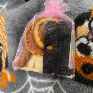 May include: A small pink organza drawstring bag containing a dried orange slice and a black rectangular card with a circular cutout. The bag is semi-transparent, revealing the orange texture and the dark, solid surface of the card inside.