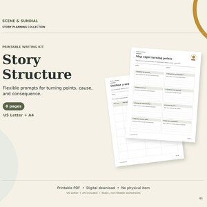 May include: A printable writing kit titled Story Structure from the Scene & Sundial collection. The kit includes 8 pages of worksheets in US Letter and A4 sizes, featuring prompts for turning points, cause, and consequence in a story.