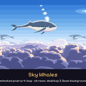 May include: A pixel art digital illustration featuring three whales swimming through a blue sky above a dense layer of purple and white clouds. The central whale releases a trail of bubbles. Text at the bottom reads Sky Whales.