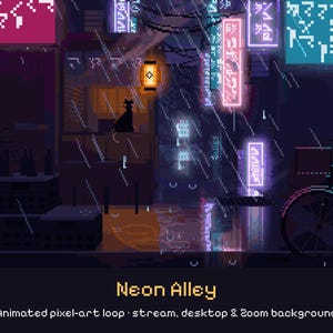 May include: A pixel art scene of a rainy city alleyway at night, featuring glowing neon signs in pink and blue, a warm hanging lantern, a silhouette of a cat, and a bicycle. The text Neon Alley is displayed at the bottom of the image.