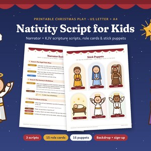 子供向け降誕劇台本、KJV聖書版と役割カード、棒人形を使ったクリスマス劇、日曜学校プログラム