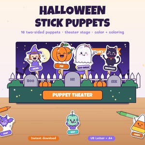 May include: Halloween stick puppets set featuring 16 two-sided characters, a theater stage, and coloring pages. Includes characters named Hazel, Pip, Boo-Belle, Midnight, Flap, Bolt, and Candy. Text reads Halloween Stick Puppets, Puppet Theater, and Instant download.