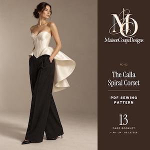 Pode incluir: Um molde de costura em PDF para The Calla Spiral Corset da MaisonCoupeDesigns, incluindo um livreto de 13 páginas nos formatos A0, A4 e US Letter. A imagem mostra um espartilho sem alças na cor creme com um peplum traseiro alargado.