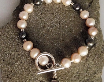 Pink and Black Pearl Bracelet With Silver