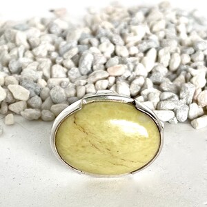 Peut inclure: Une bague en argent avec une pierre ovale de couleur vert clair sertie au centre. La pierre présente un motif marbré subtil.