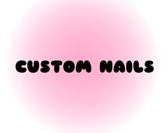 May include: The text CUSTOM NAILS is written in bold, black, rounded, bubble-style letters centred against a soft, light pink gradient background that fades to white at the edges of the square frame.