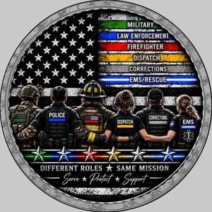 May include: A circular graphic featuring a stylized American flag with colored stripes representing Military, Law Enforcement, Firefighter, Dispatch, Corrections, and EMS. Six figures in uniform stand before the flag, with text reading Different Roles Same Mission, Serve, Protect, Support.