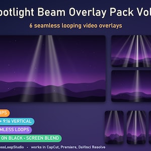 May include: Spotlight Beam Overlay Pack Vol. 1 featuring 6 seamless looping video overlays. The graphics display purple mountain silhouettes under a night sky with white spotlight beams. Includes 16:9 and 9:16 vertical MP4 files.