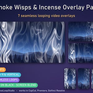 May include: A digital product pack titled Smoke Wisps & Incense Overlay Pack featuring 7 seamless looping video overlays. The visuals display white smoke patterns over a dark blue landscape with silhouettes of trees. Includes 16:9 and 9:16 vertical clips.