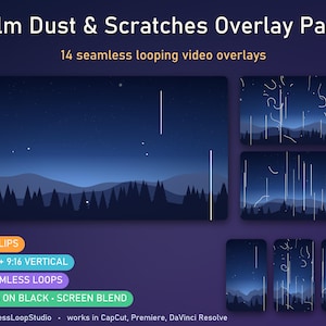 Film Dust and Scratches Overlay: 14 Looping Vintage Film Dust, Hair and Scratch Loops, 16x9 + 9x16, CapCut