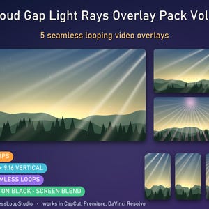 May include: Cloud Gap Light Rays Overlay Pack Vol. 2 featuring 5 seamless looping video overlays. The graphics display mountain silhouettes with pine trees under a sky with sunbeams. Includes 16:9 and 9:16 vertical formats, MP4 on black, and screen blend compatibility for CapCut, Premiere, and DaVinci Resolve.