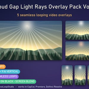 May include: Cloud Gap Light Rays Overlay Pack Vol. 1 featuring 5 seamless looping video overlays. The graphics display sunbeams radiating over a silhouette of a forest and mountains against a gradient sky. Includes 5 clips, 16:9 and 9:16 vertical formats, MP4 on black, and screen blend compatibility.
