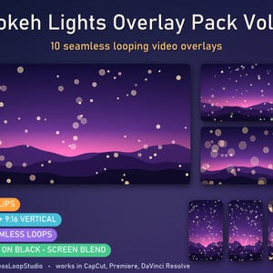 May include: Bokeh Lights Overlay Pack Vol. 1 featuring 10 seamless looping video overlays. The digital assets display purple and pink gradient landscapes with floating light circles, available in 16:9 and 9:16 formats as MP4 files.