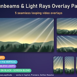 May include: Sunbeams & Light Rays Overlay Pack featuring 5 seamless looping video overlays. The graphics display a landscape of dark green pine trees against a sunrise horizon with bright white light rays. Text includes 5 CLIPS, 16:9 + 9:16 VERTICAL, SEAMLESS LOOPS, MP4 ON BLACK • SCREEN BLEND, and SeamlessLoopStudio.