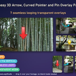 Pode incluir: Um pacote de ativos digitais intitulado Glossy 3D Arrow, Curved Pointer and Pin Overlay Pack com 7 sobreposições transparentes em loop. Os gráficos incluem setas vermelhas, ponteiros curvos azuis e pinos de localização amarelos.
