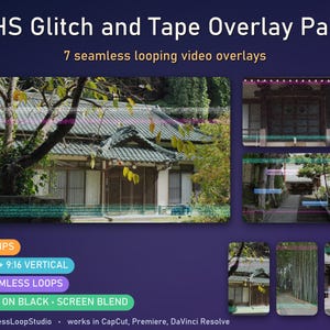 VHS Glitch Overlay Pack: 7 Looping Retro Tape Static and Tracking Effects for CapCut, Screen Blend, 16x9 + 9x16