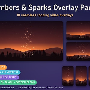 May include: Embers & Sparks Overlay Pack featuring 10 seamless looping video overlays. The graphic displays a dark landscape with silhouettes of mountains and trees against an orange sunset sky, with glowing embers rising upward.