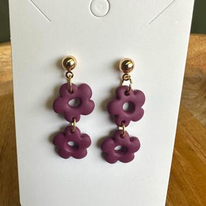 Eggplant Purple Daisy Dangle Earrings: 18K Gold Plated, Polymer Clay