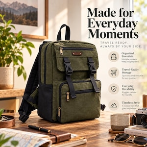 May include: An olive green canvas backpack with black straps, multiple zippered compartments, and black plastic buckles. The text on the right reads: Made for Everyday Moments, Travel Ready, Always by your side, Organized Essentials, Travel-Ready Storage, Everyday Durability, Timeless Style.